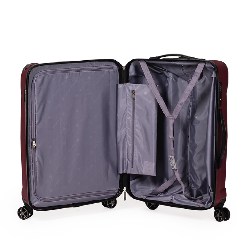 Open suitcase with wheels on a white background