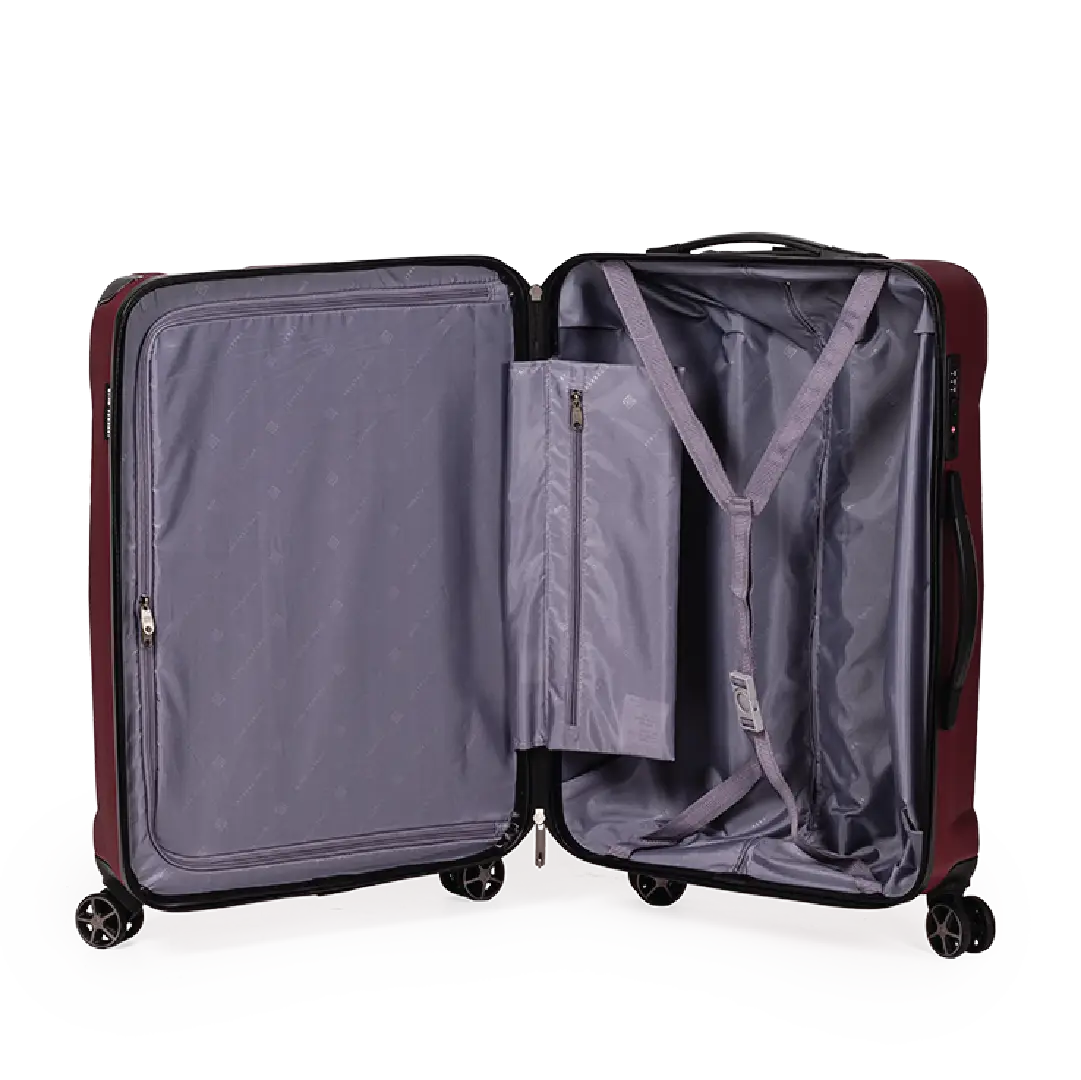 Open suitcase with wheels on a white background