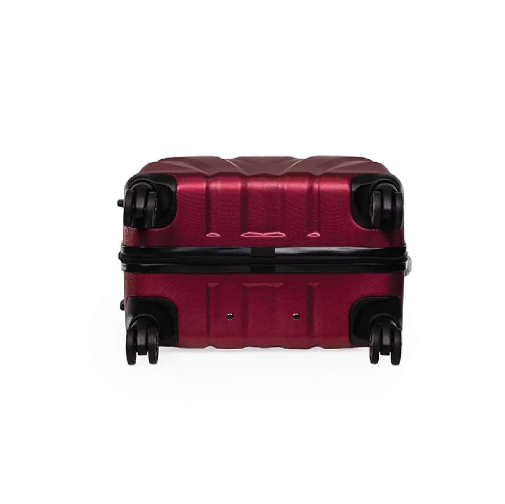 Red suitcase with black wheels on a white background