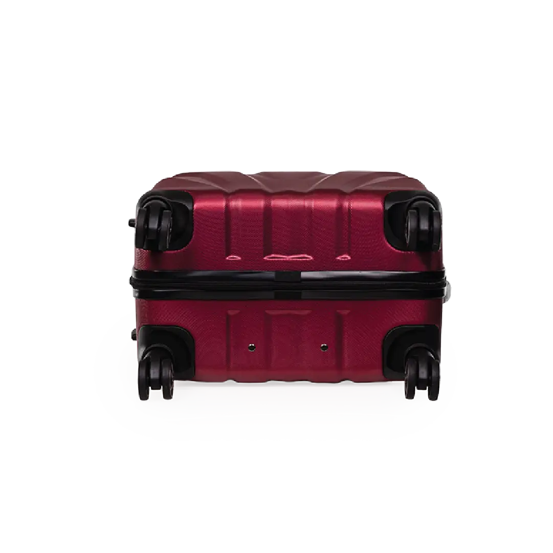 Red suitcase with black wheels on a white background