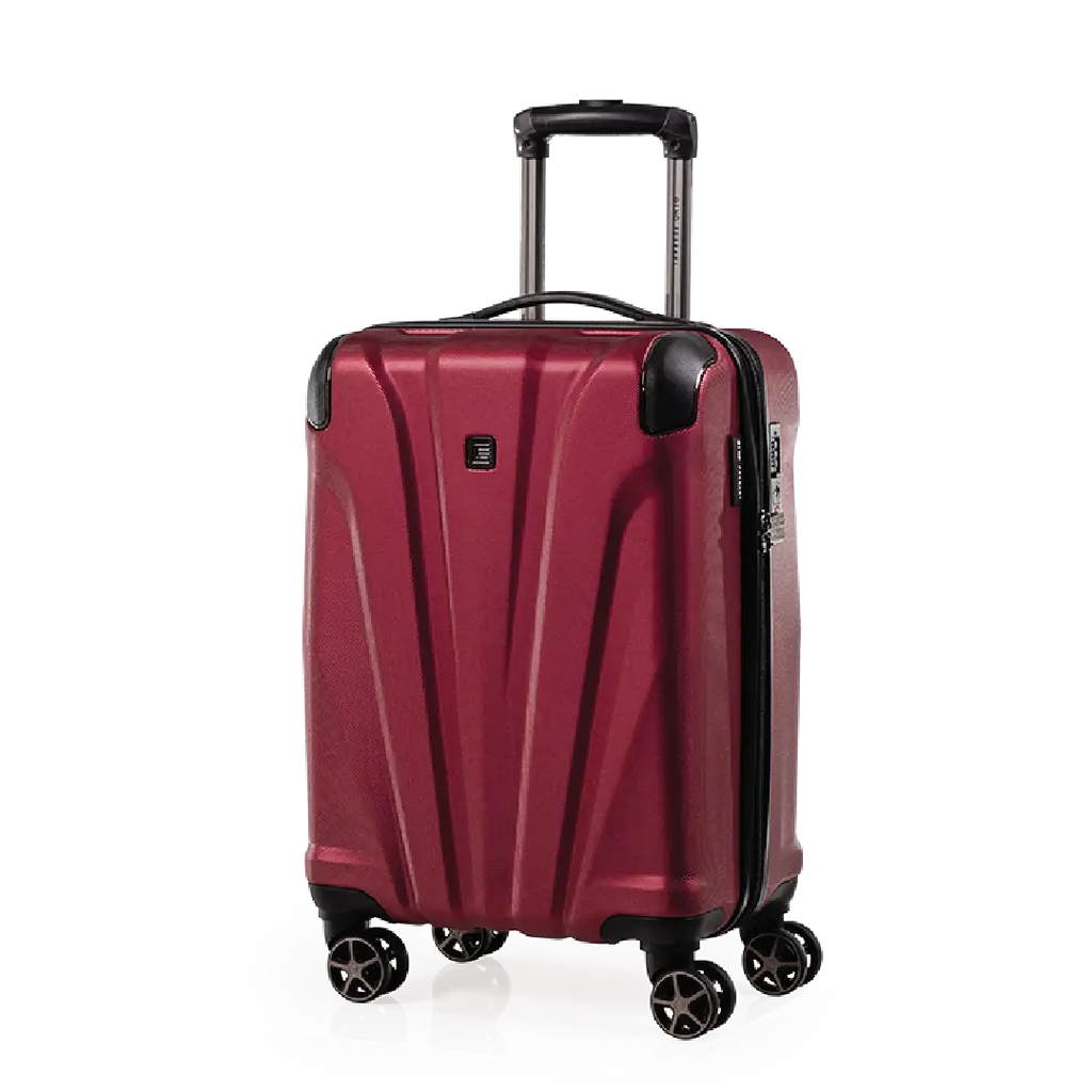 Red suitcase with wheels and handle on a white background
