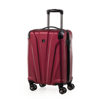 Red suitcase with wheels and handle on a white background