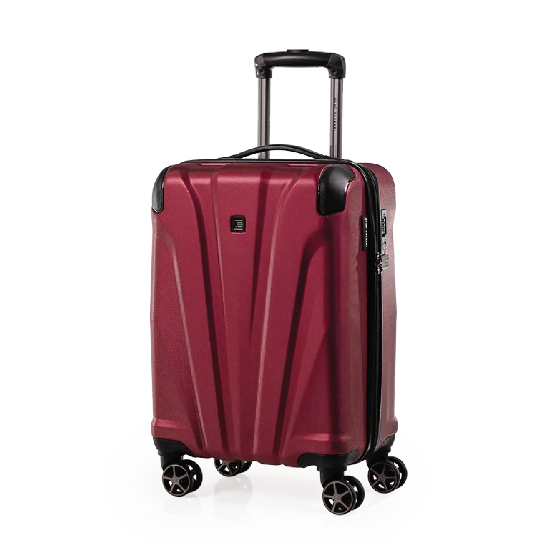 Red suitcase with wheels and handle on a white background