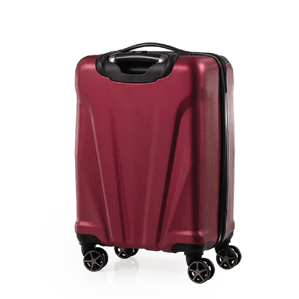 Red suitcase with black wheels on a white background