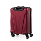 Red suitcase with black wheels on a white background