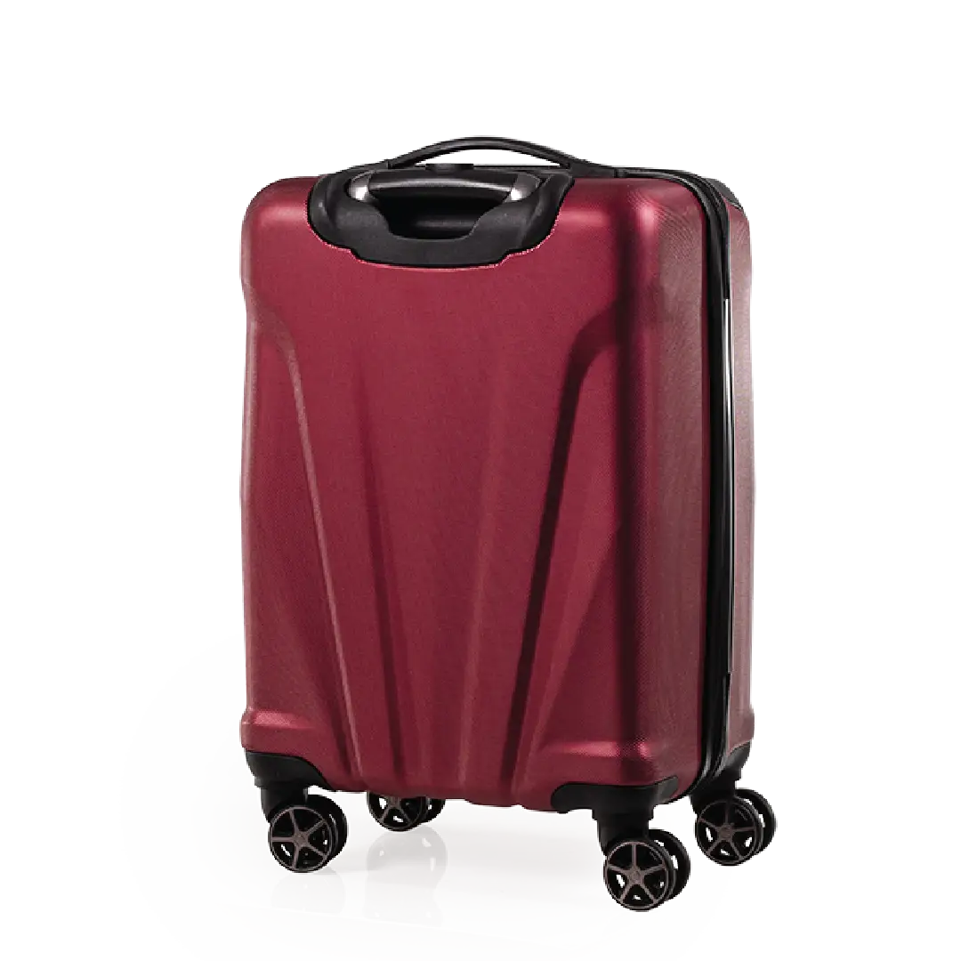 Red suitcase with black wheels on a white background