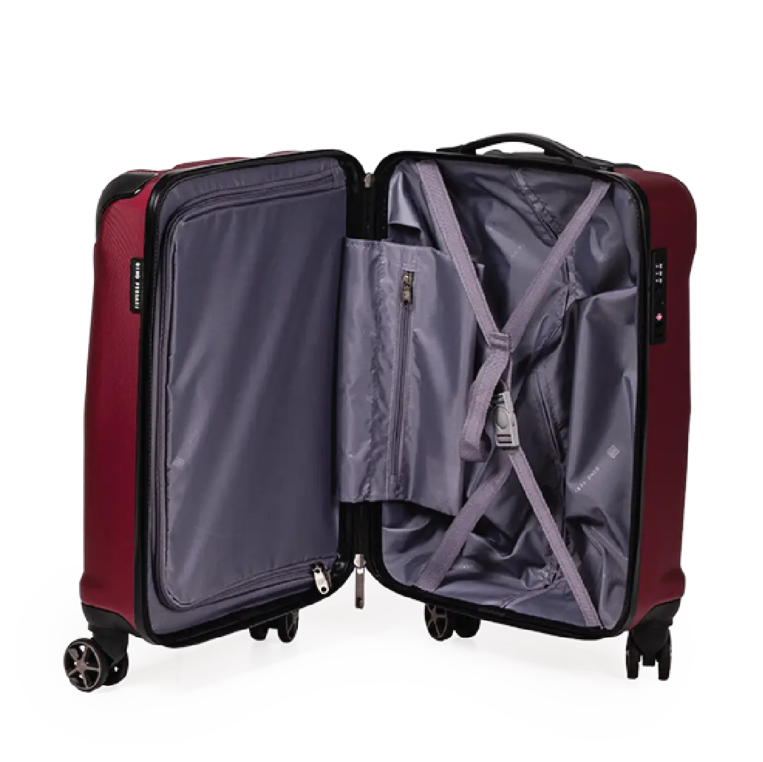 Red suitcase with open lid on a white background