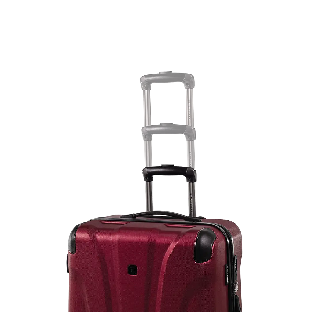 Red suitcase with a black handle and wheels on a white background