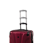 Red suitcase with a black handle and wheels on a white background
