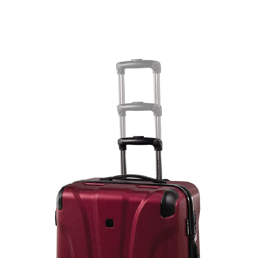 Red suitcase with a black handle and wheels on a white background