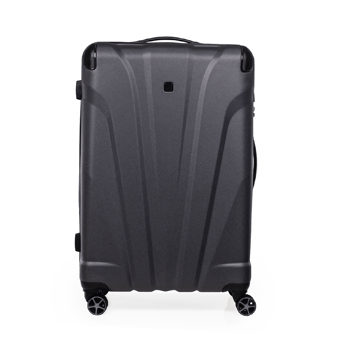 Gray suitcase with a textured surface on a white background