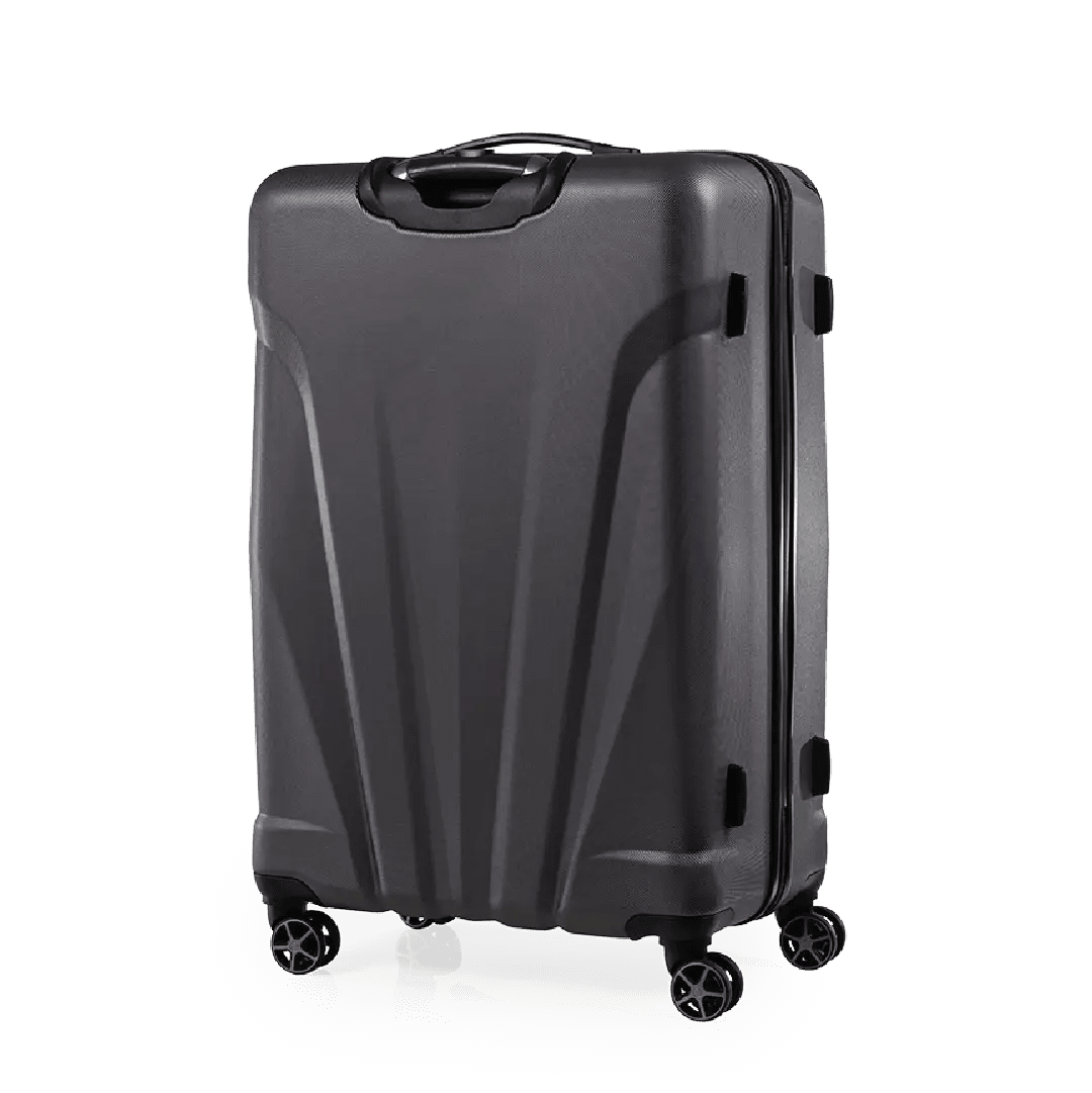 Gray suitcase with wheels on a white background