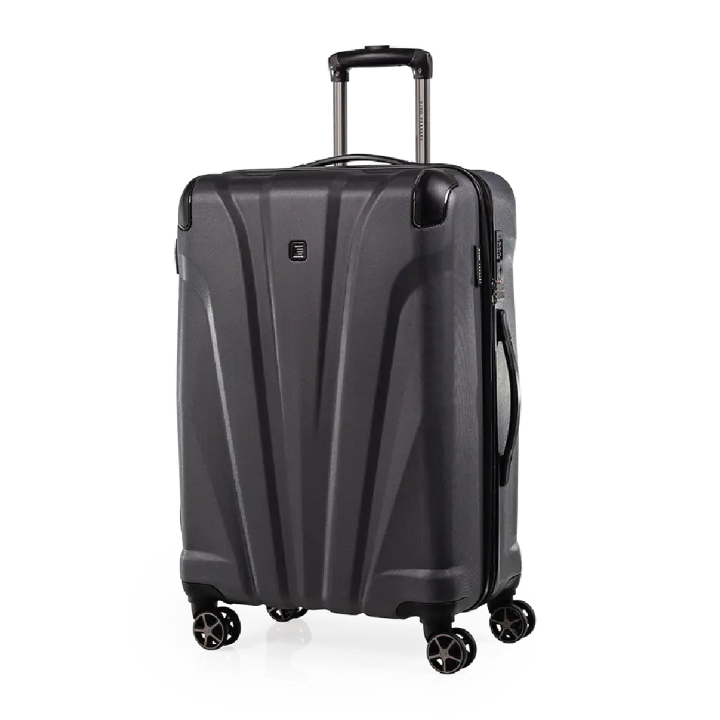 Black suitcase with wheels on a white background