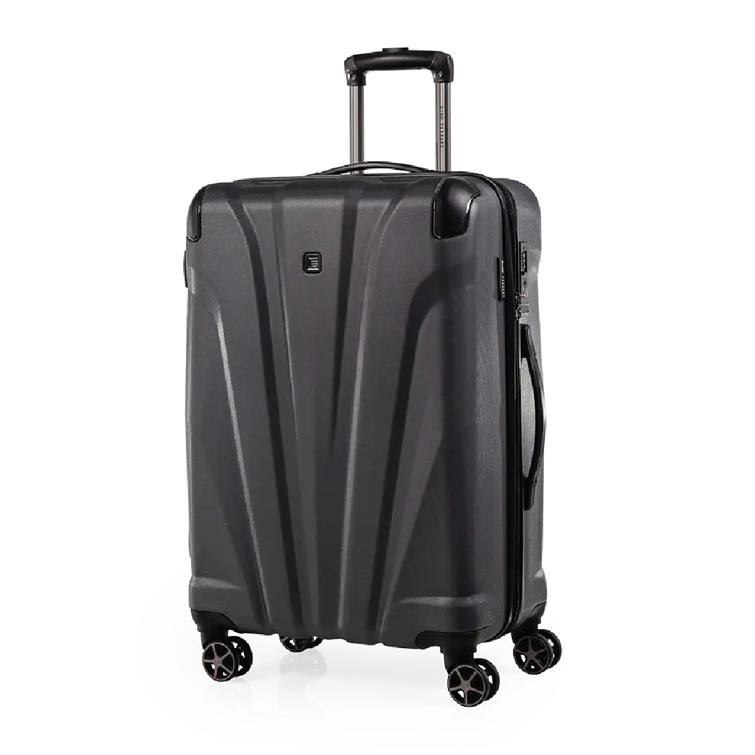 Black suitcase with wheels on a white background