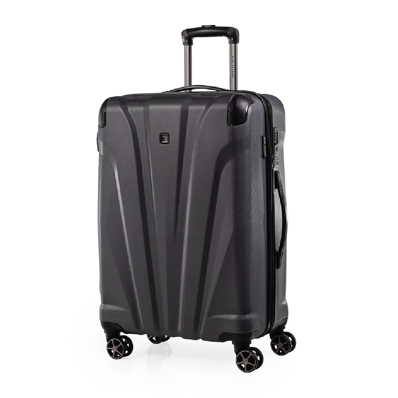 Black suitcase with wheels on a white background