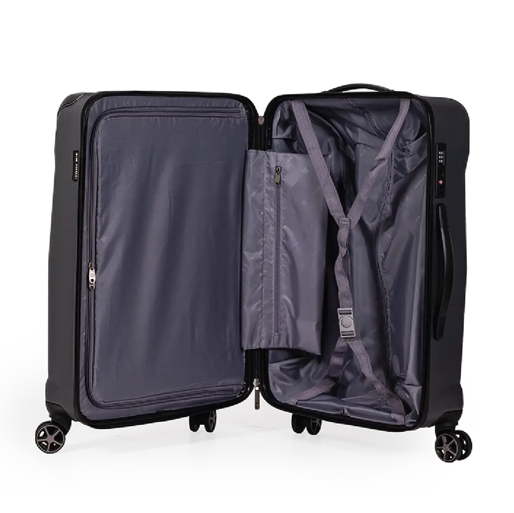 Open black suitcase with interior view on a white background