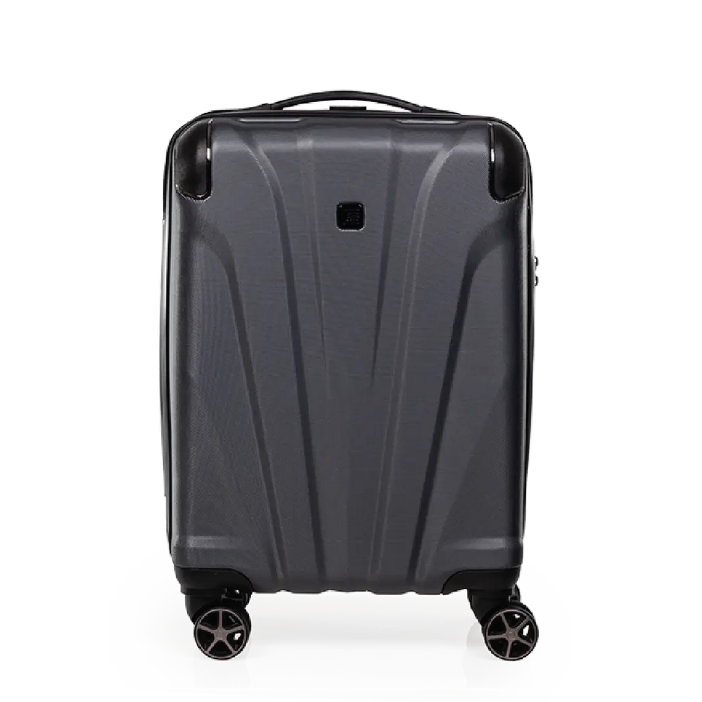 Gray suitcase with wheels on a white background