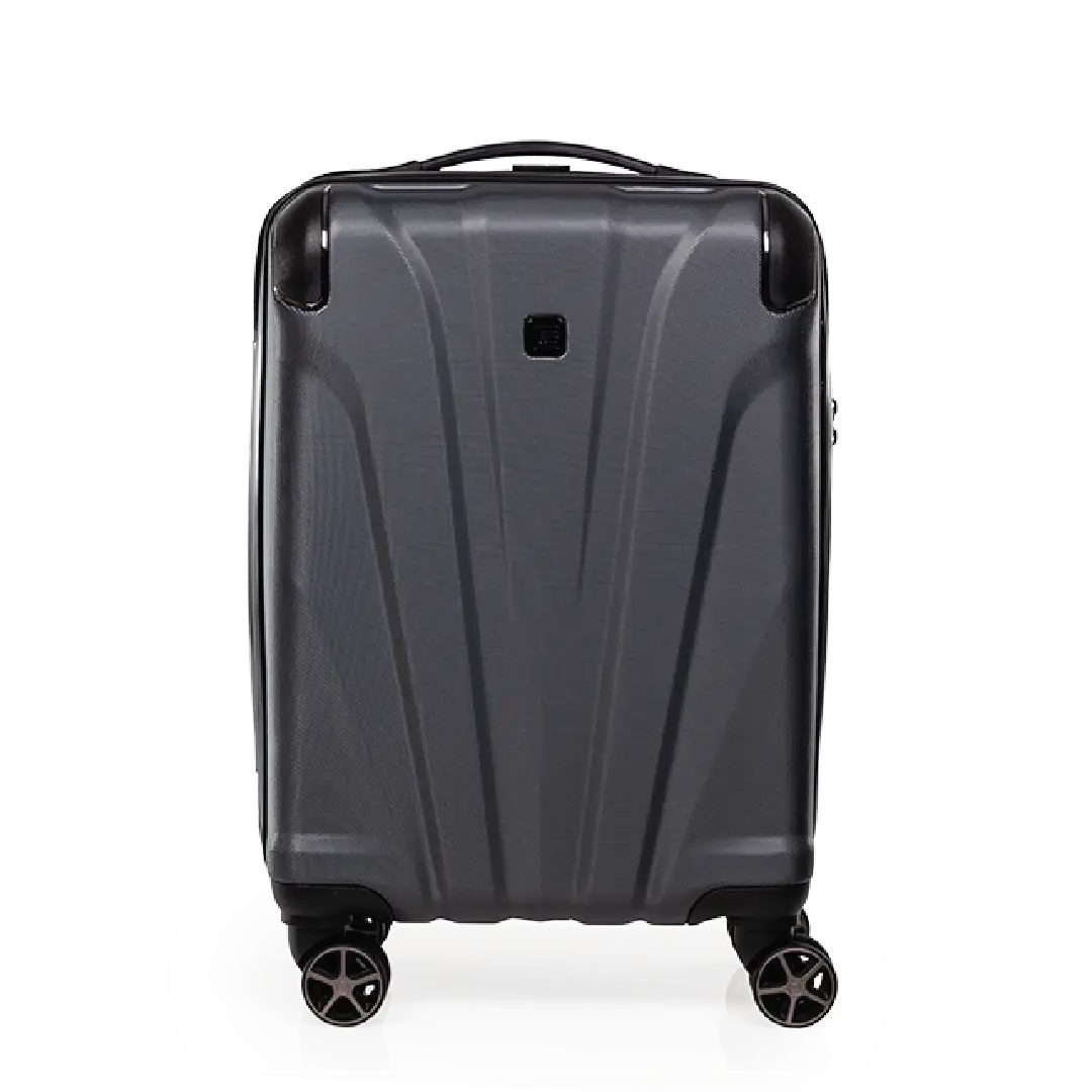 Gray suitcase with wheels on a white background