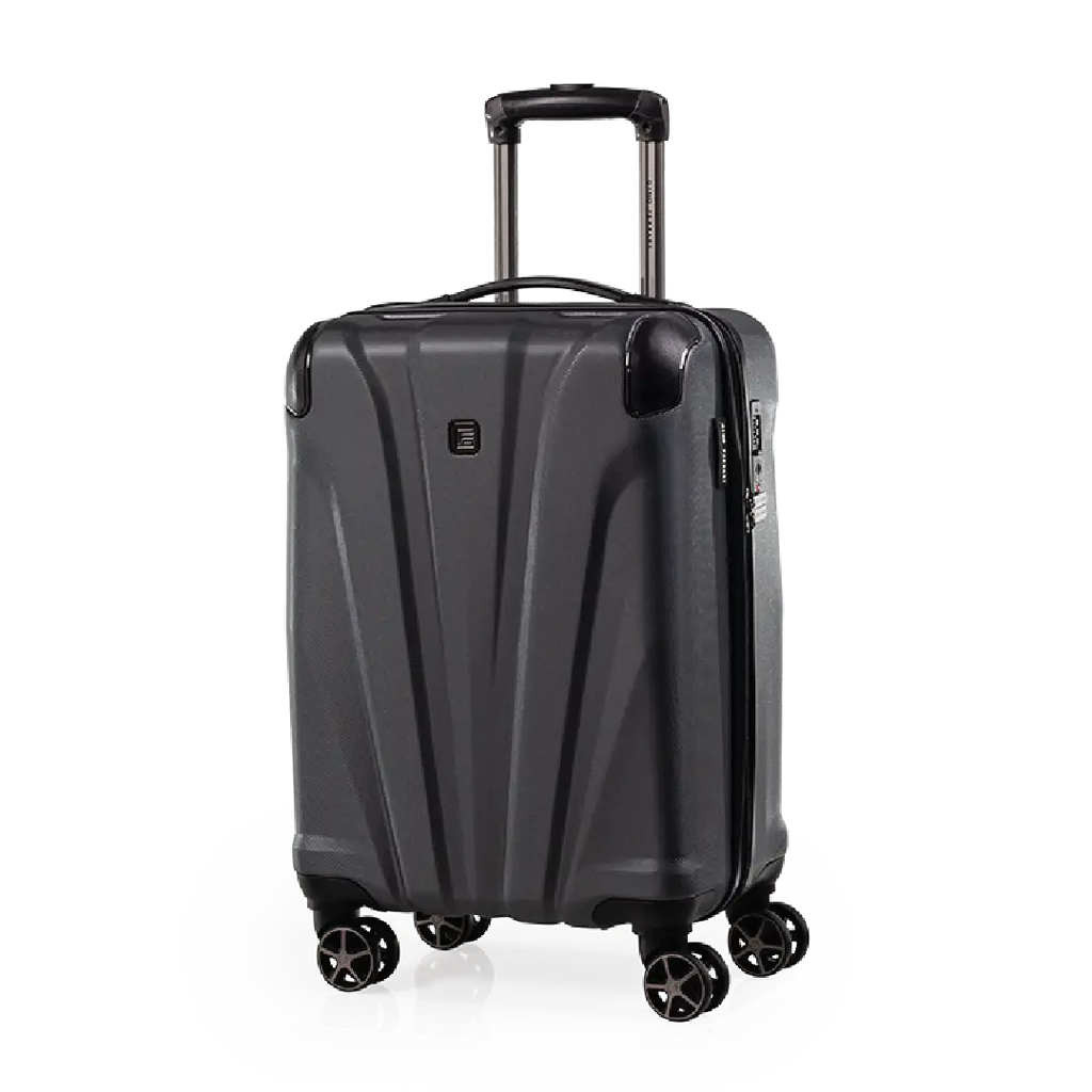 Gray suitcase with wheels on a white background