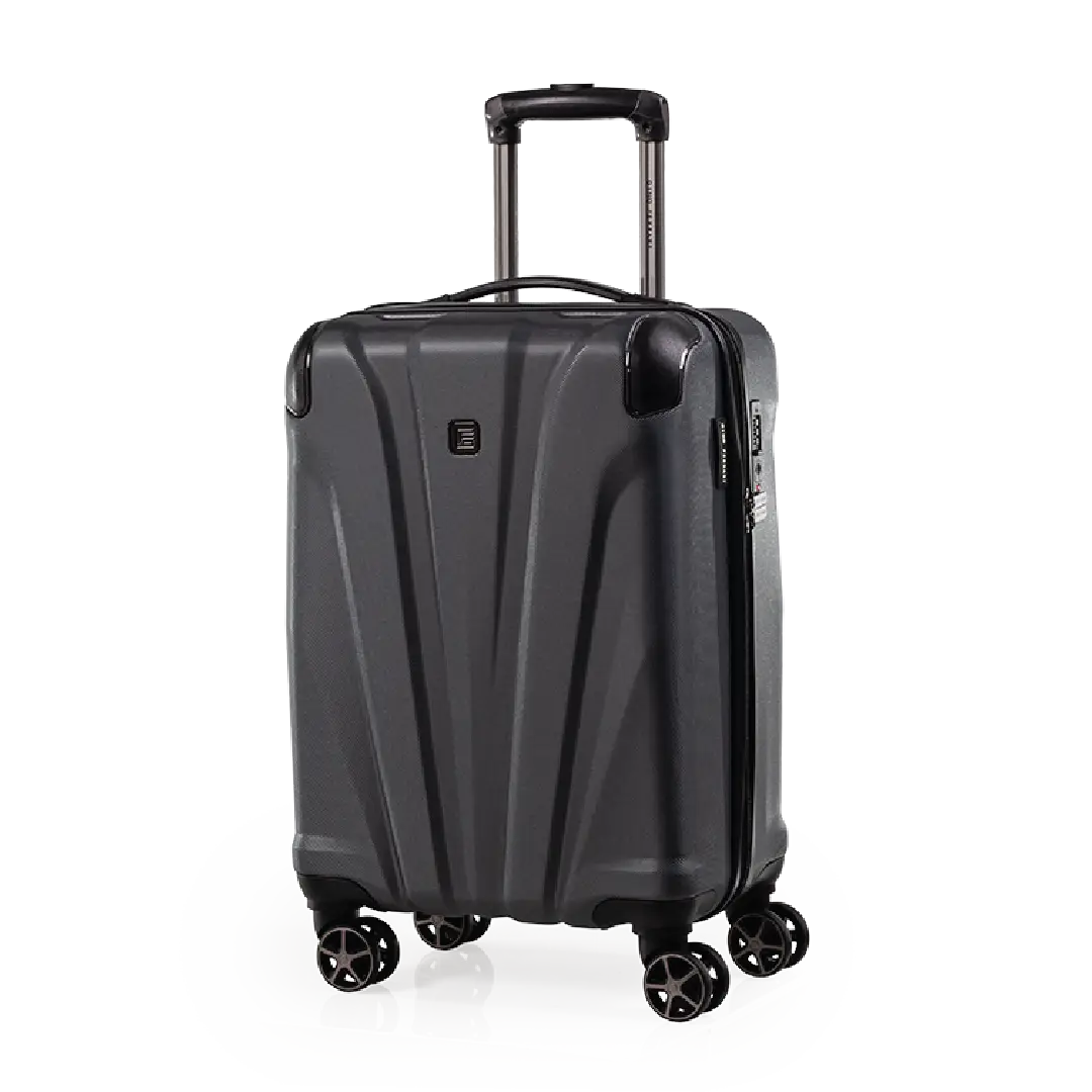 Gray suitcase with wheels on a white background