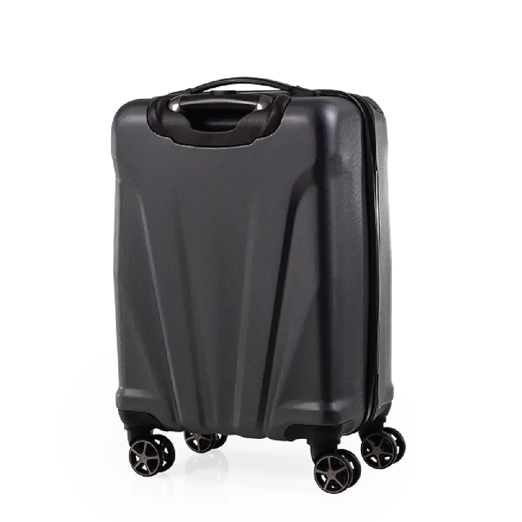 Black suitcase with wheels on a white background