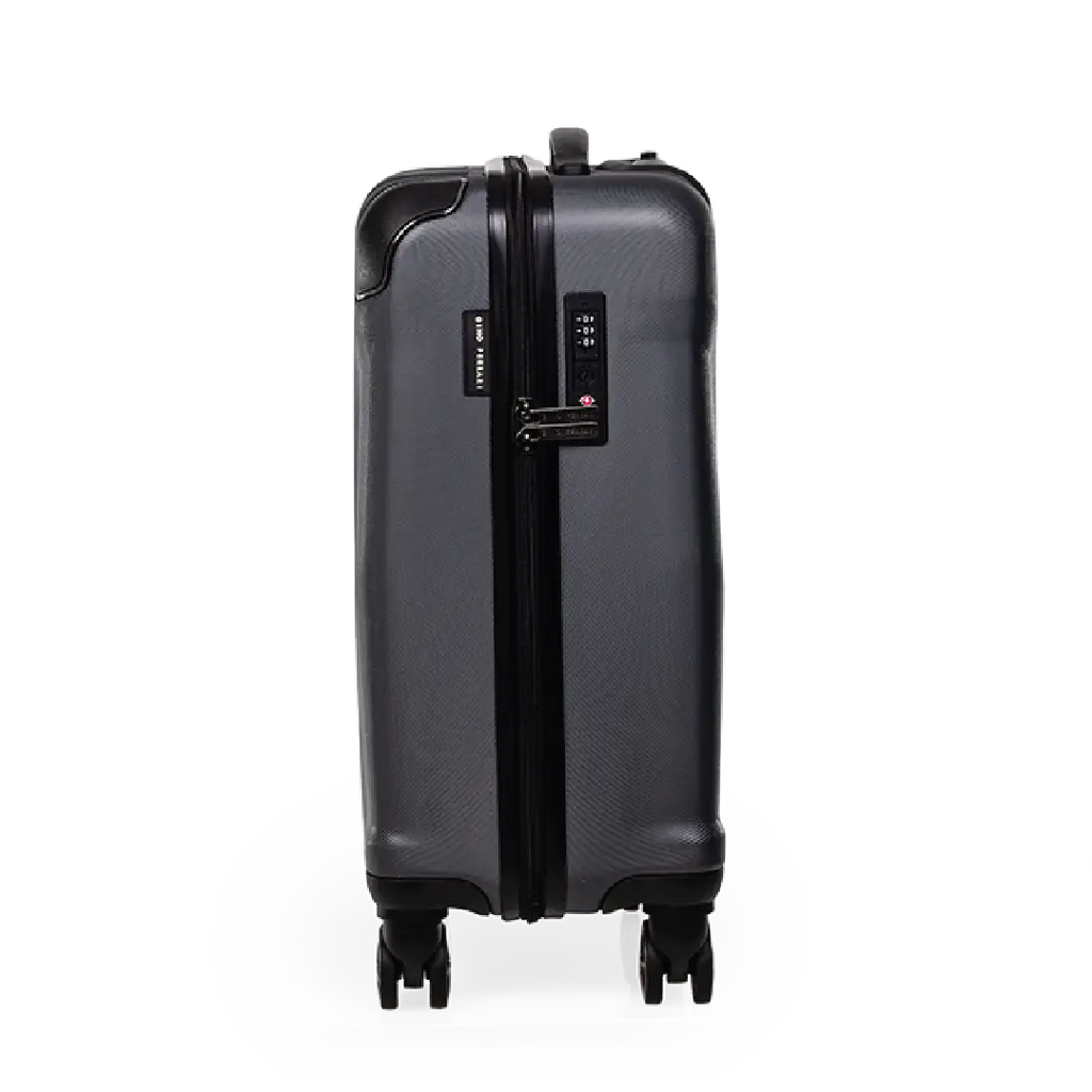 Black suitcase with a visible brand logo on a white background