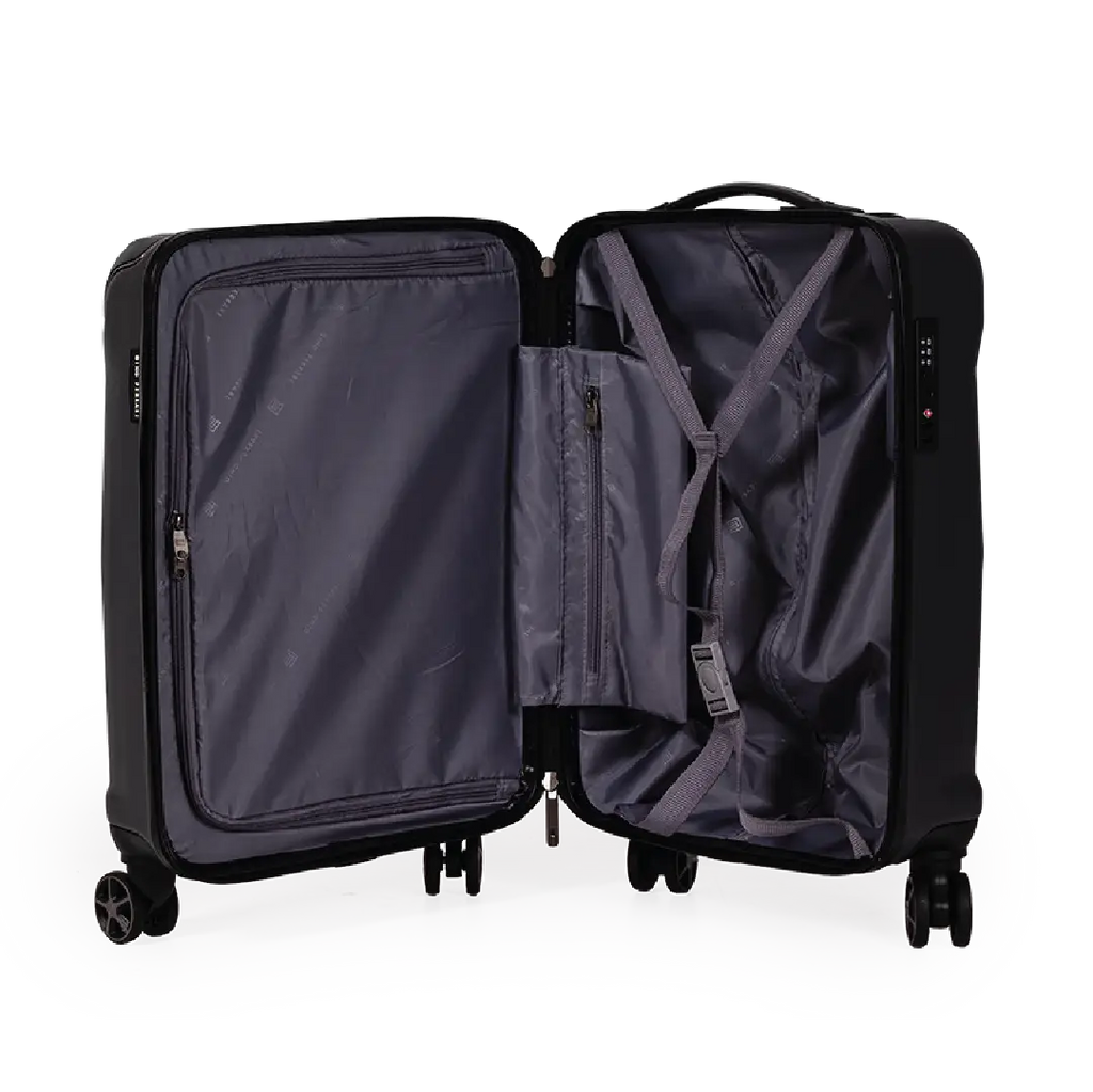 Black open suitcase on a white background