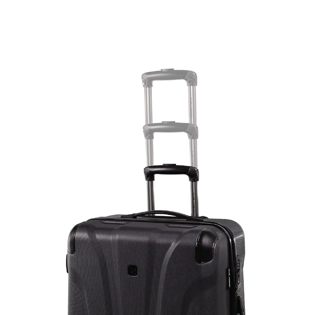 Black suitcase with a visible brand logo on a white background