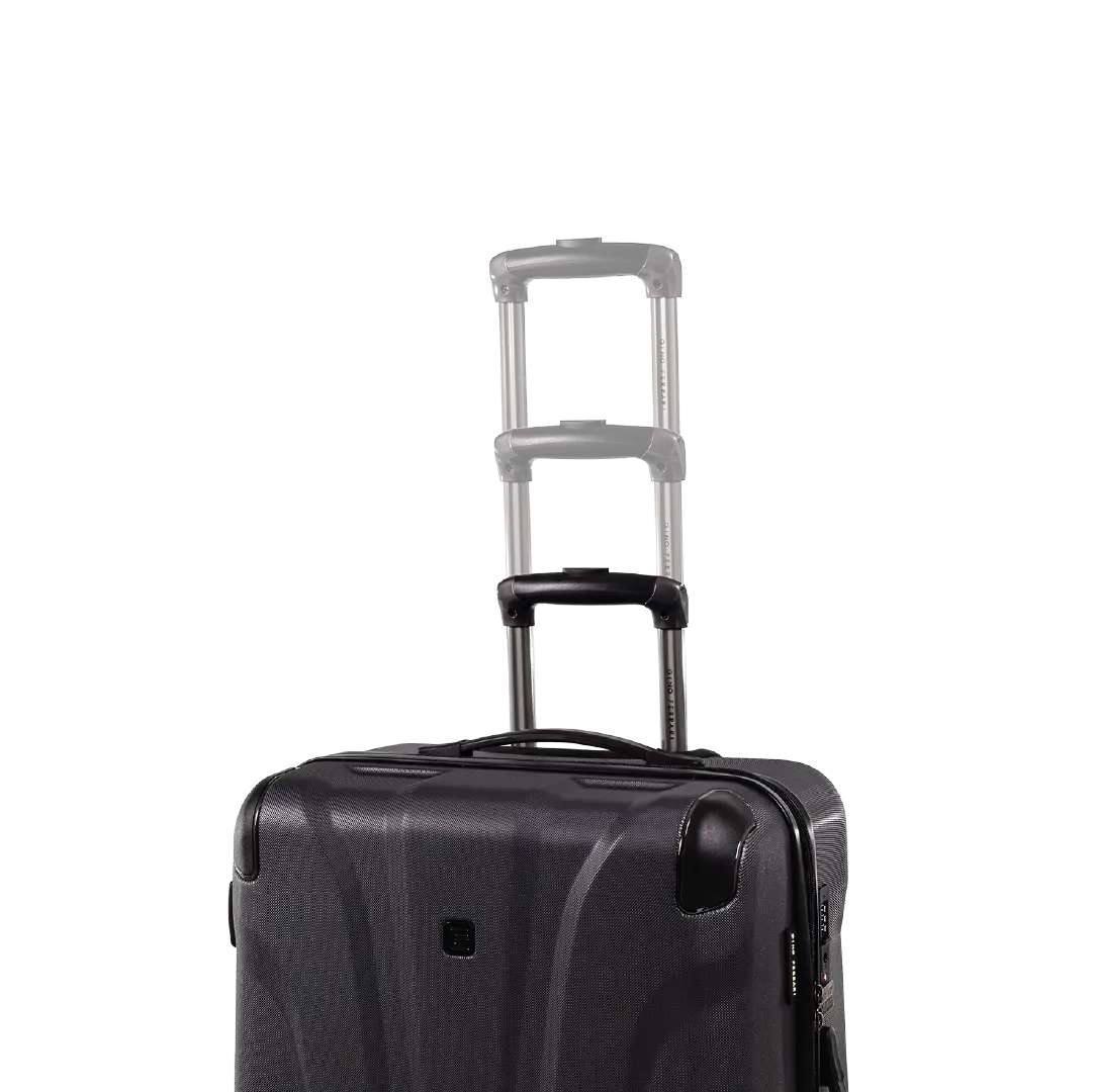 Black suitcase with a visible brand logo on a white background
