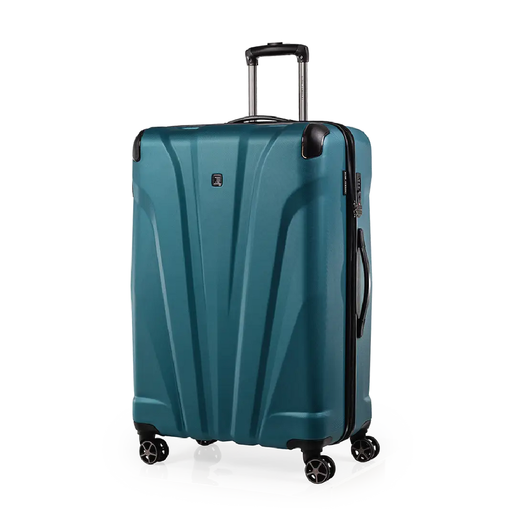 Teal suitcase with a visible brand logo on a white background