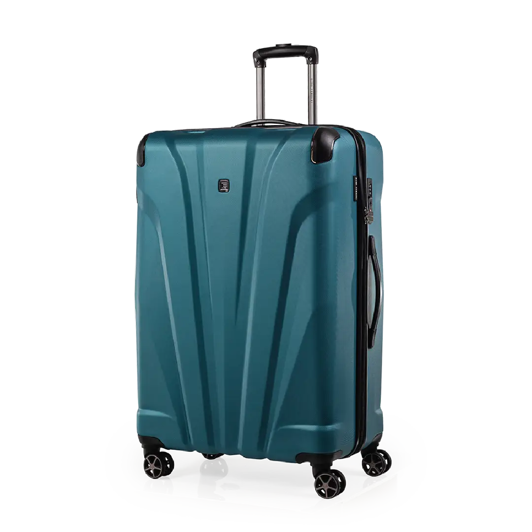 Teal suitcase with a visible brand logo on a white background