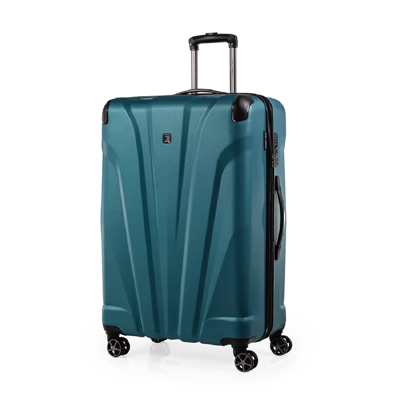 Teal suitcase with a visible brand logo on a white background