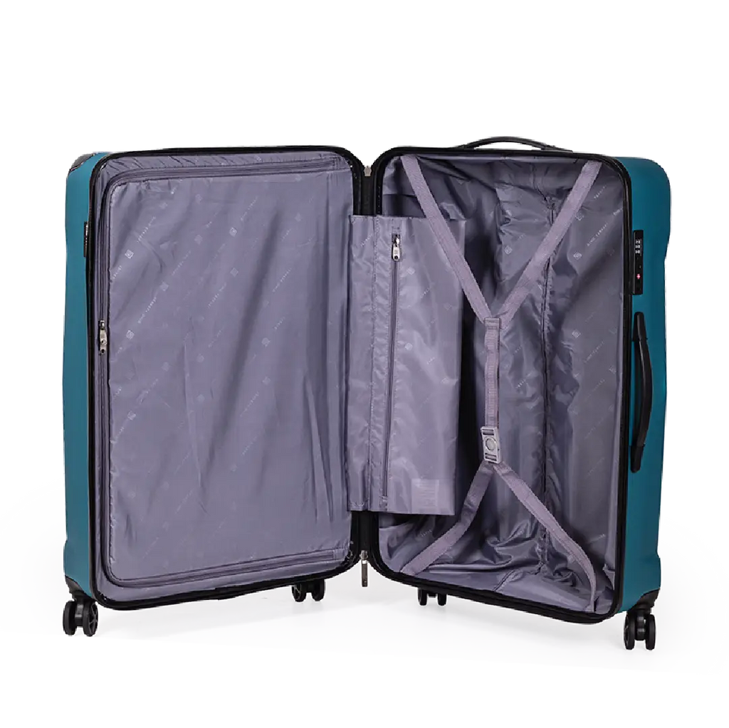 Open teal suitcase with gray interior on a white background