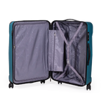 Open teal suitcase with gray interior on a white background