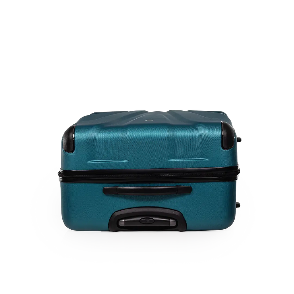 Teal suitcase with black handles and wheels on a white background
