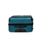 Teal suitcase with black handles and wheels on a white background