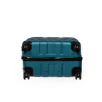 Teal suitcase with black wheels on a white background