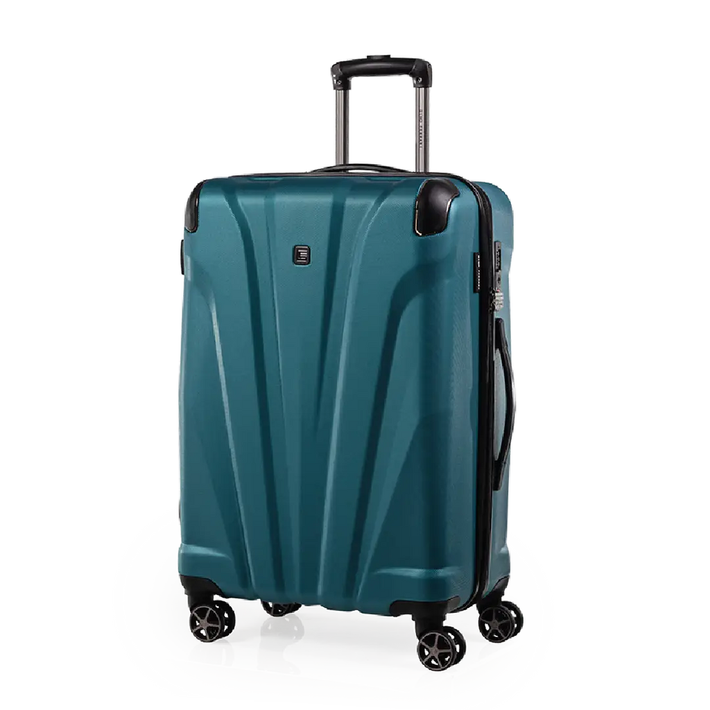 Teal suitcase with wheels and handle on a white background