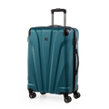 Teal suitcase with wheels and handle on a white background