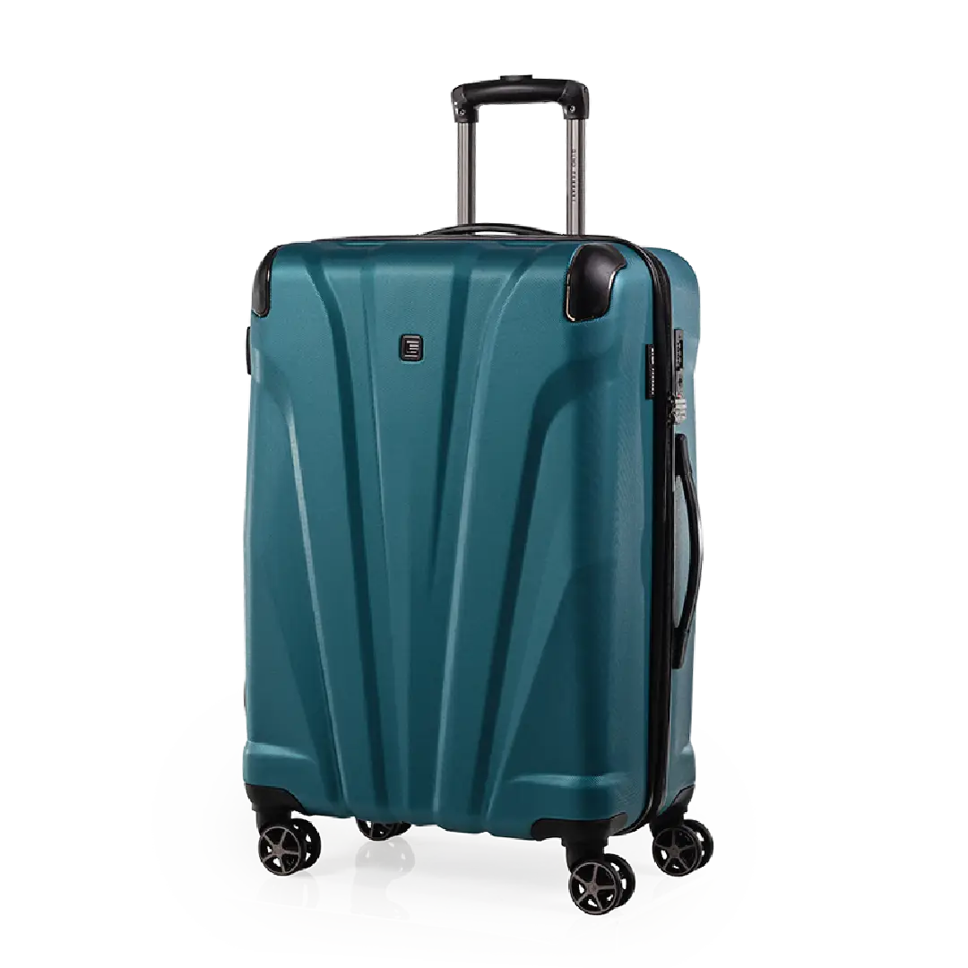 Teal suitcase with wheels and handle on a white background