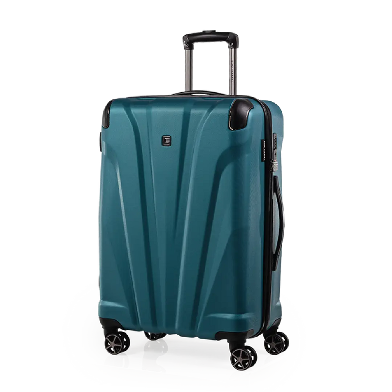 Teal suitcase with wheels and handle on a white background