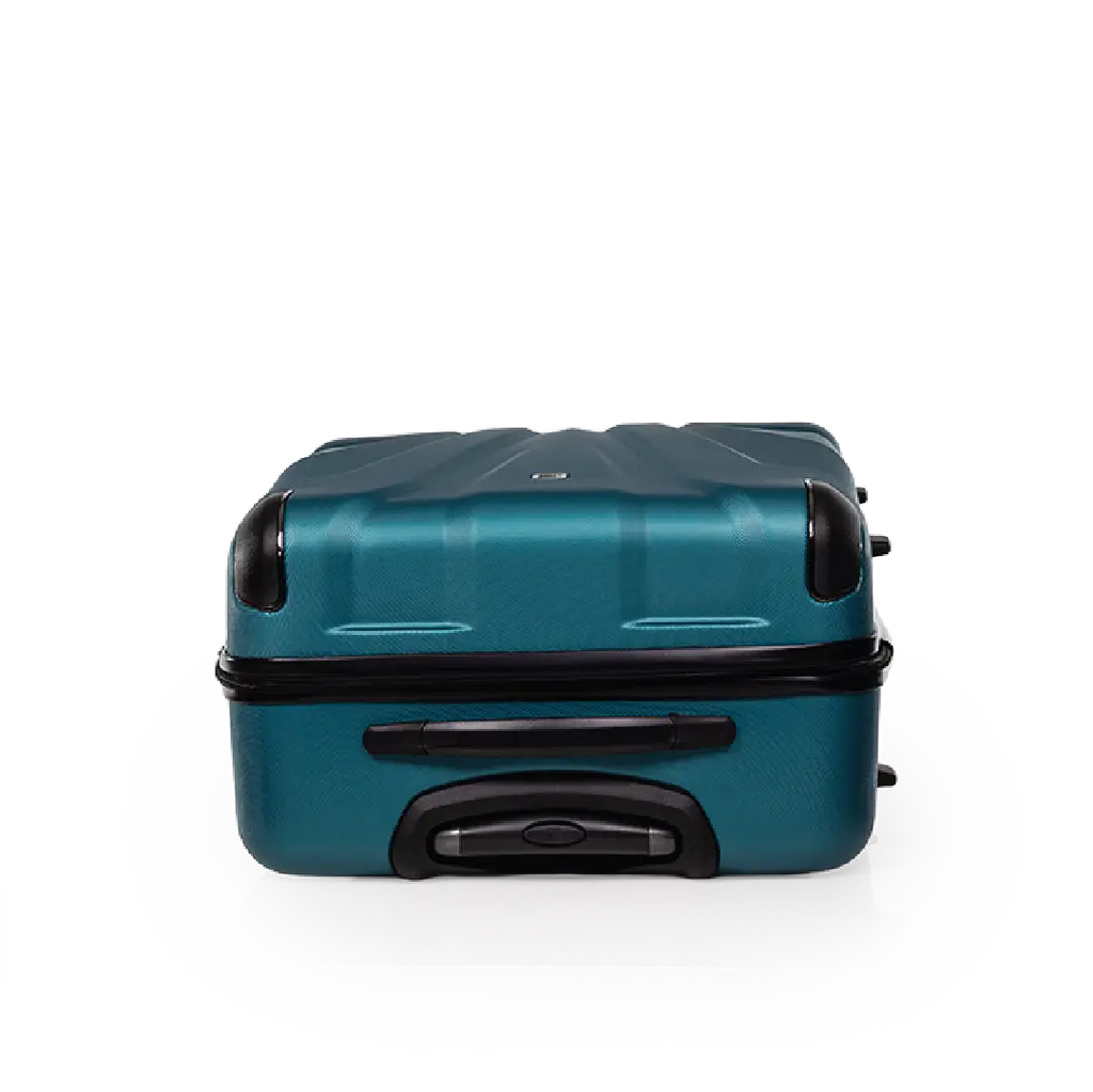 Teal suitcase with black handle and wheels on a white background
