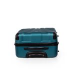 Teal suitcase with black handle and wheels on a white background