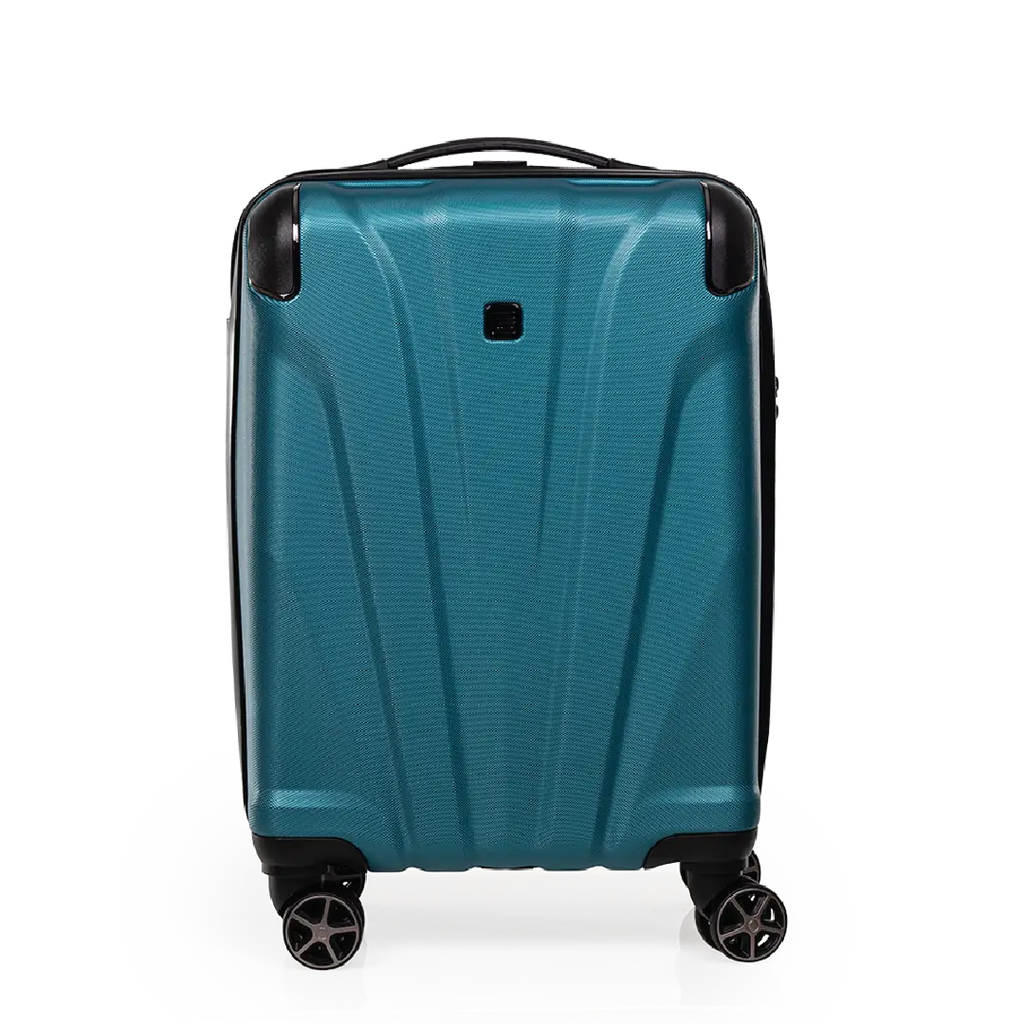 Teal suitcase with black wheels on a white background