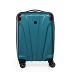 Teal suitcase with black wheels on a white background