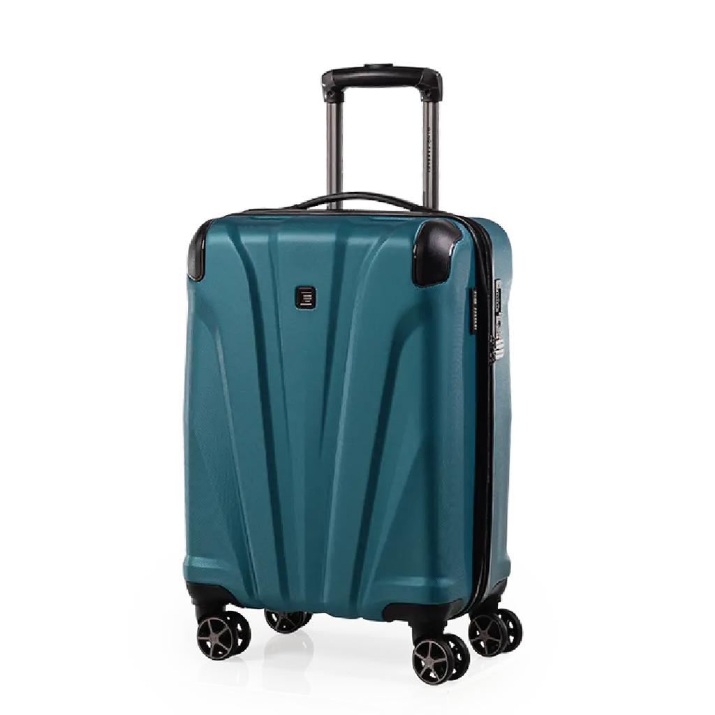 Teal suitcase with black wheels on a white background