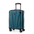 Teal suitcase with black wheels on a white background