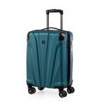 Teal suitcase with black wheels on a white background