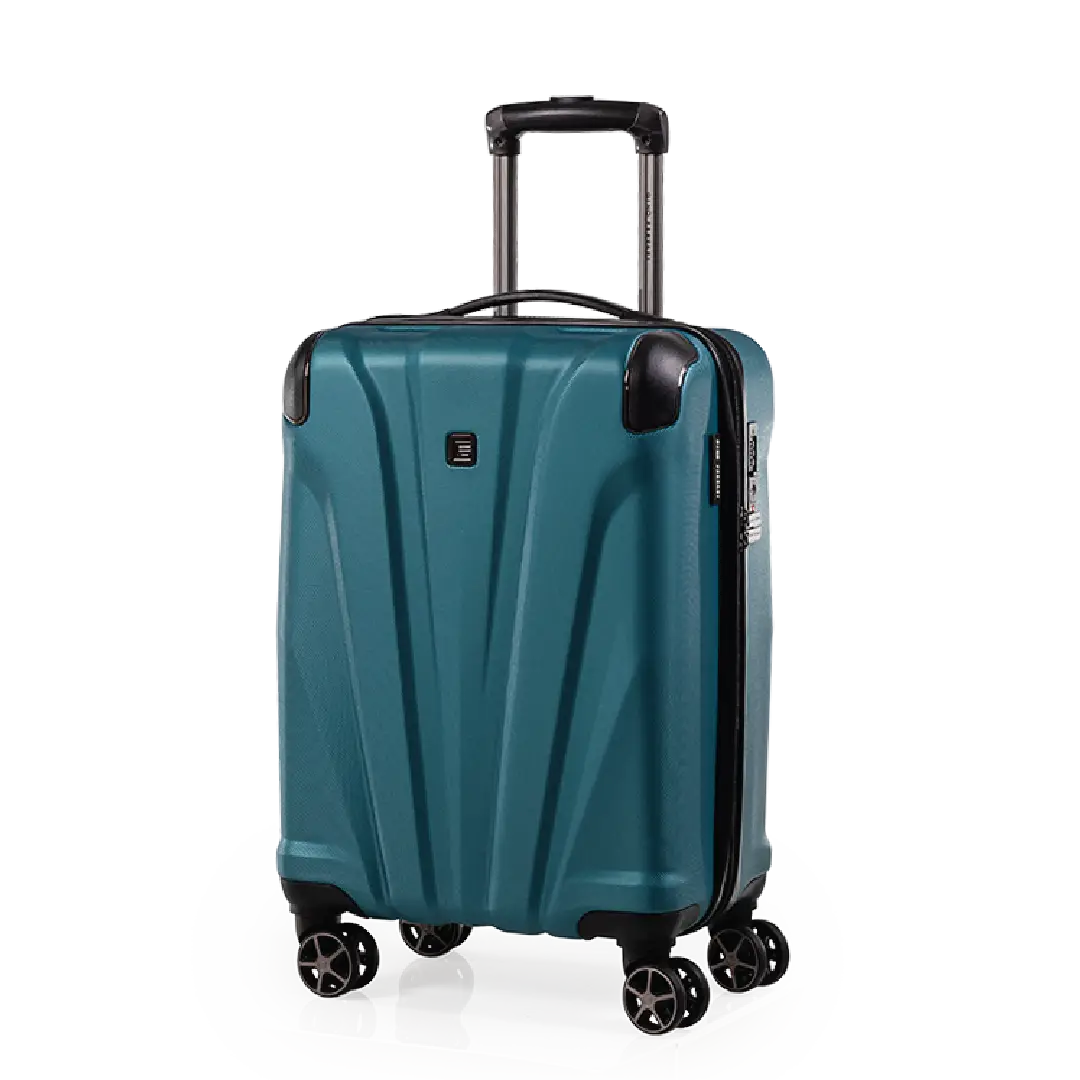 Teal suitcase with black wheels on a white background
