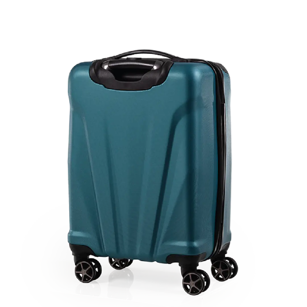 Teal suitcase with black handle and wheels on a white background